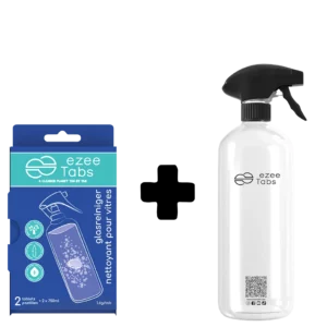 EzeeTabs glasreiniger starterset - verpakking met twee tabs en herbruikbare fles