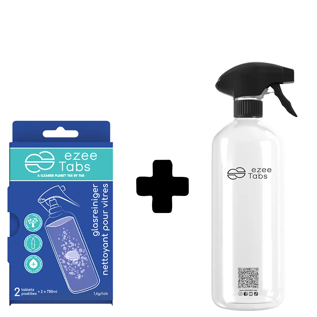 EzeeTabs glasreiniger starterset - verpakking met twee tabs en herbruikbare fles