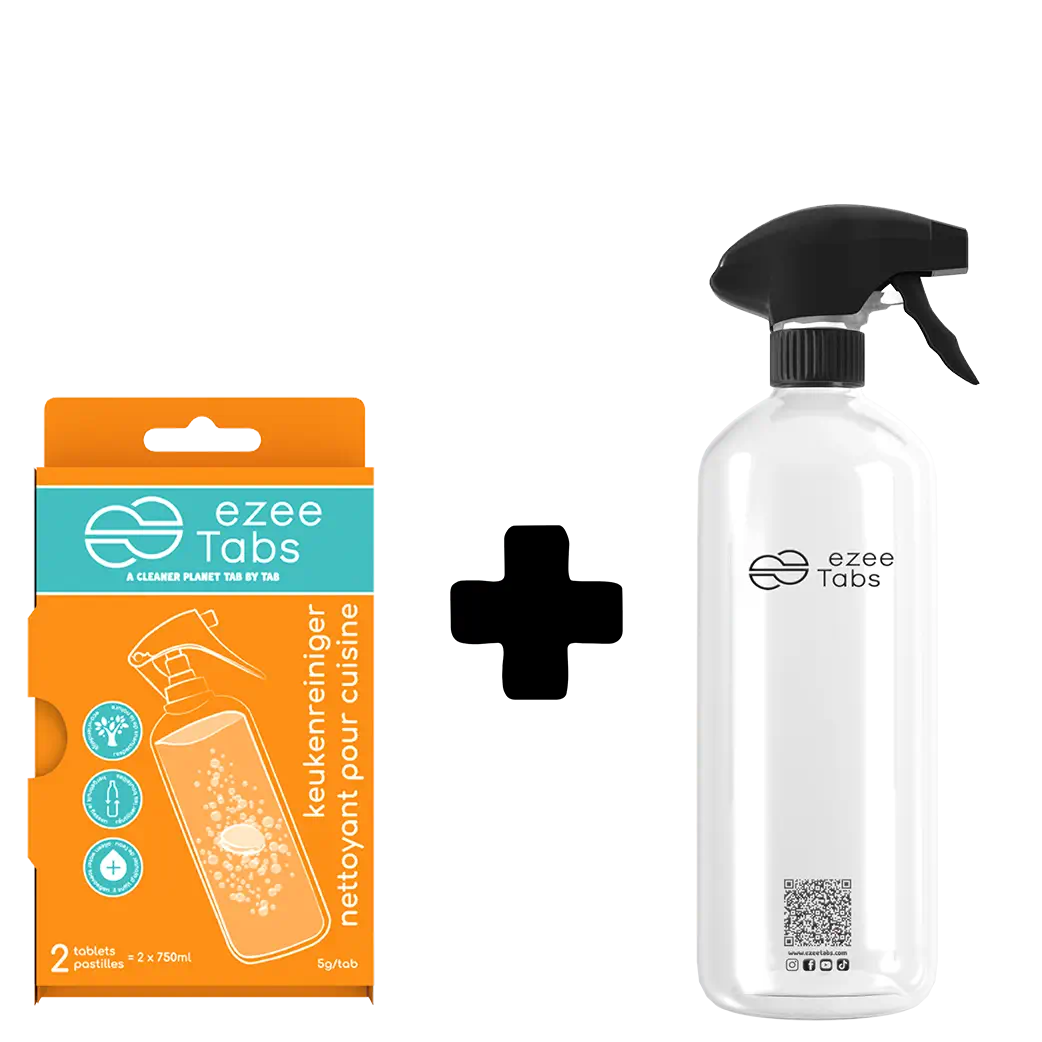 EzeeTabs keukenreiniger starterset - verpakking met twee tabs en herbruikbare fles